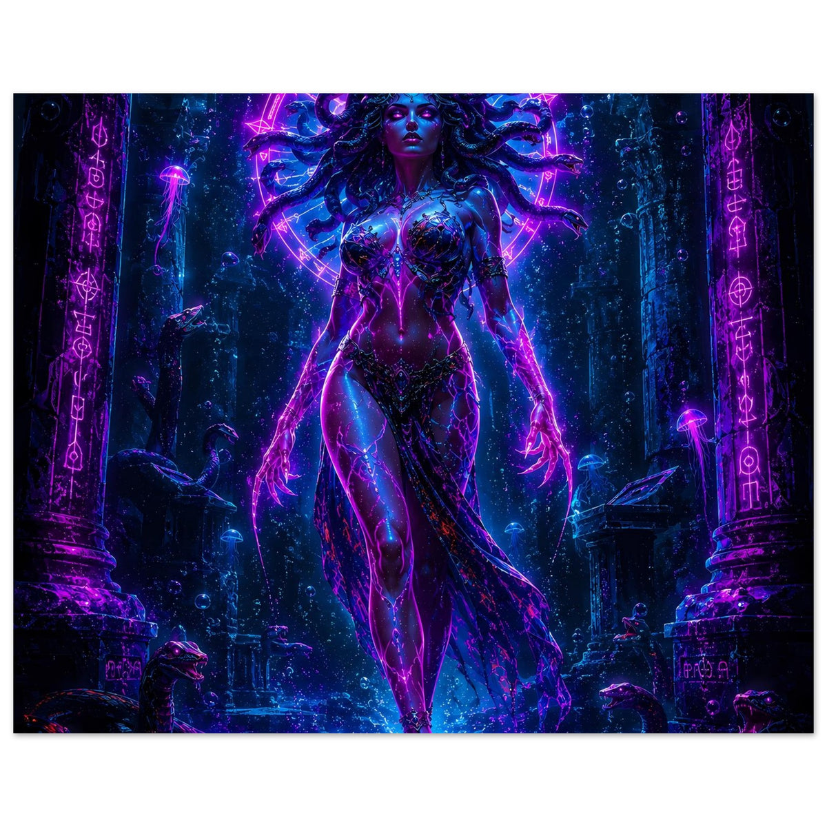 Poster mit stehender Medusa in blau-violettem Neon, Teilansicht der Tempelsäulen
