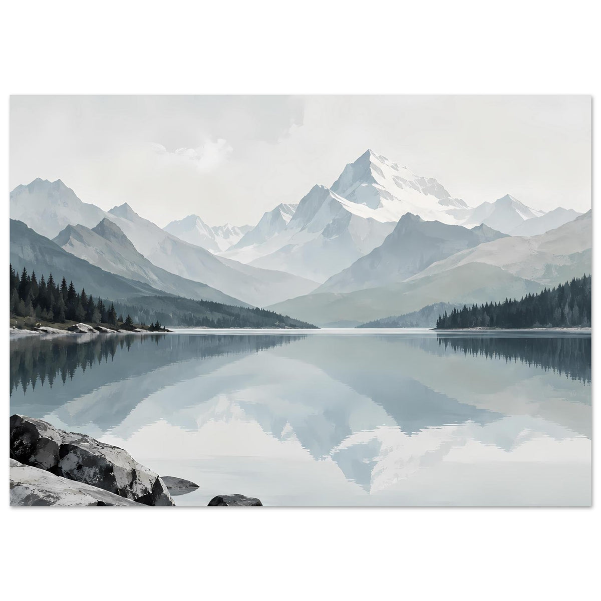 Gerahmter Kunstdruck: Bergsee mit Spiegelung, Berge und Tannen am ruhigen Ufer