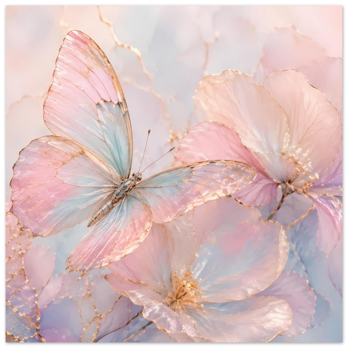 Aquarell-Poster mit Schmetterling und zarten rosa-blauen Blüten, goldenen Akzenten