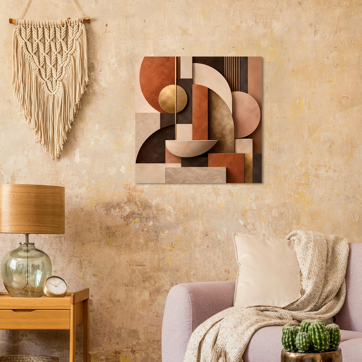 Quadratisches Kunstposter mit abstrakten Kreisen und Rechtecken in Terrakotta und Beige