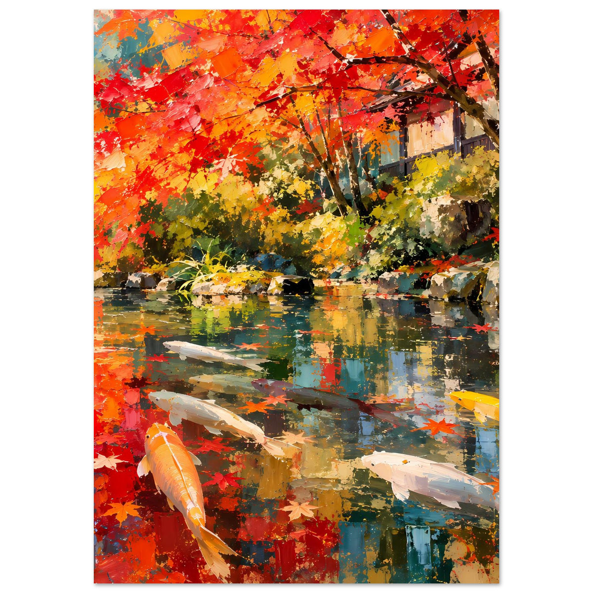 Koi-Teich Poster im Herbstlook mit buntem Ufer, Koi im Vordergrund und Wasserreflexion