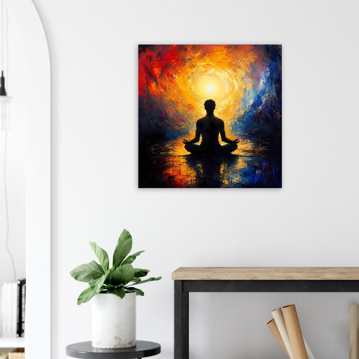 Meditierendes Zen-Poster mit leuchtender Aura, sitzender Figur und farbigen Flächen