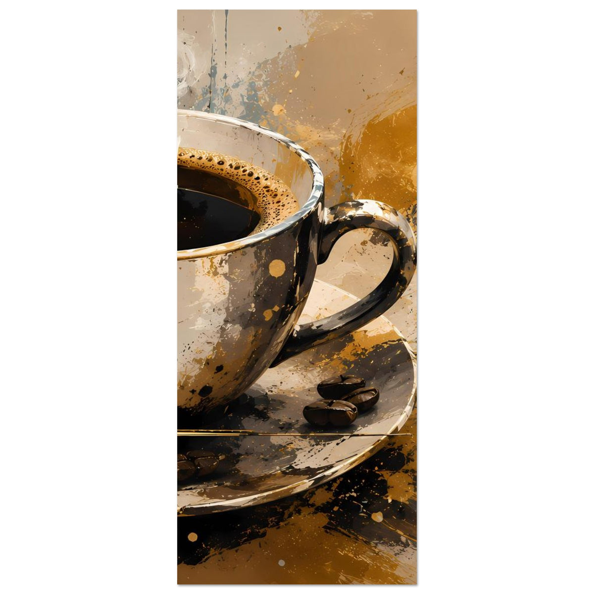 Kunstposter (hochformat) mit Kaffeetasse mit Dampf, Untertasse und Kaffeebohnen