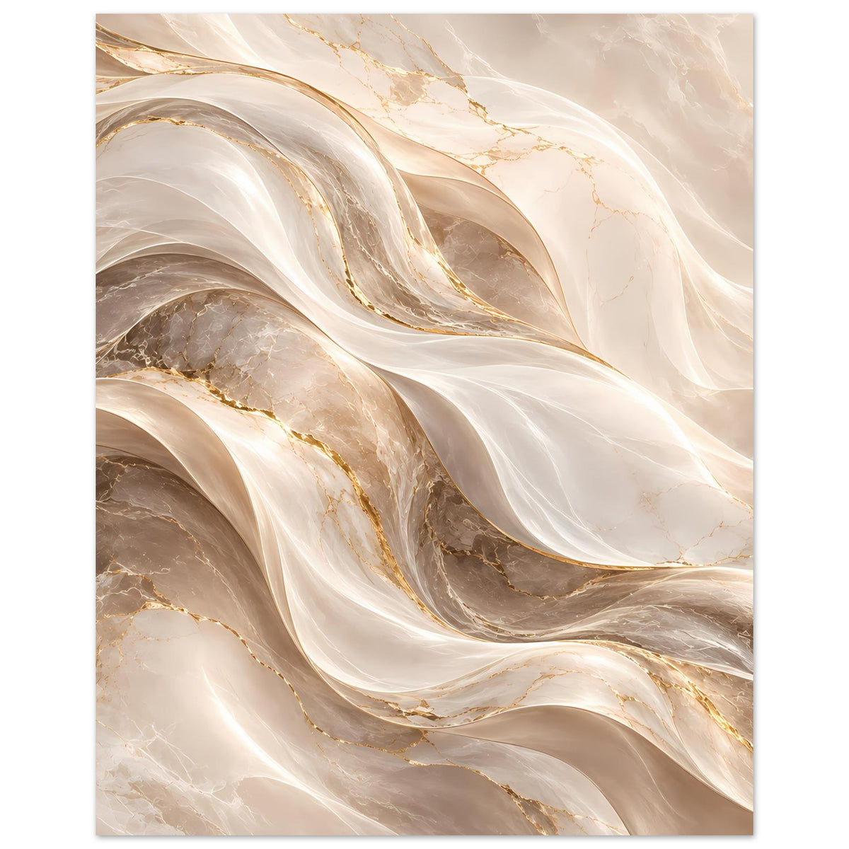 Abstraktes Poster mit Wellen aus Creme und Gold sowie marmorierten Braunflächen