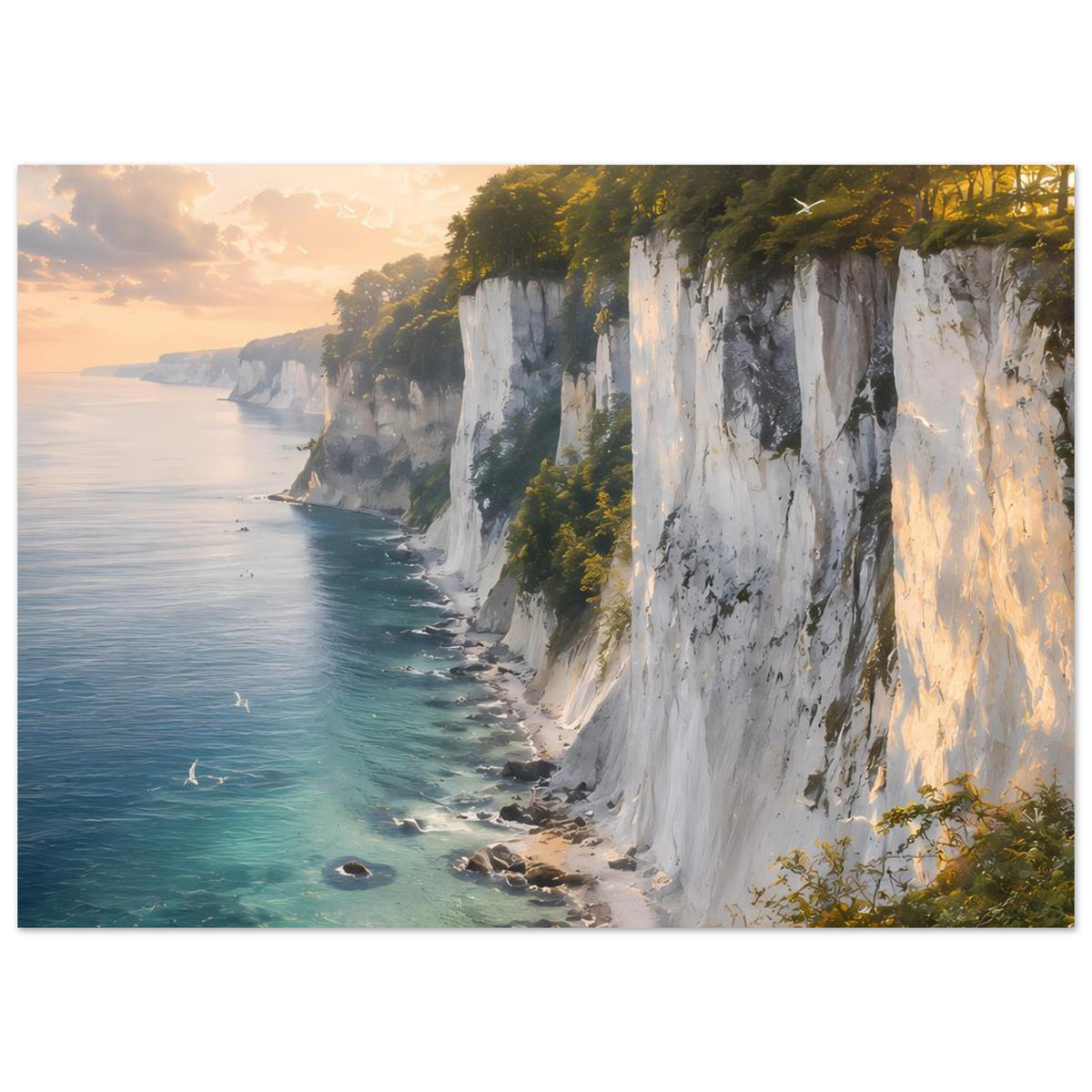 Poster mit Küstenklippen und türkisblauem Wasser, weiße Felsen mit bewachsenen Hängen, Sonnenlicht