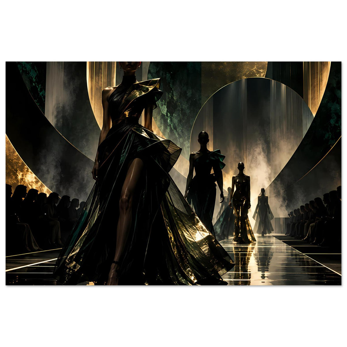 Poster mit Model auf dem Laufsteg, schwarzgoldenes Outfit, weitere Silhouetten im Hintergrund.