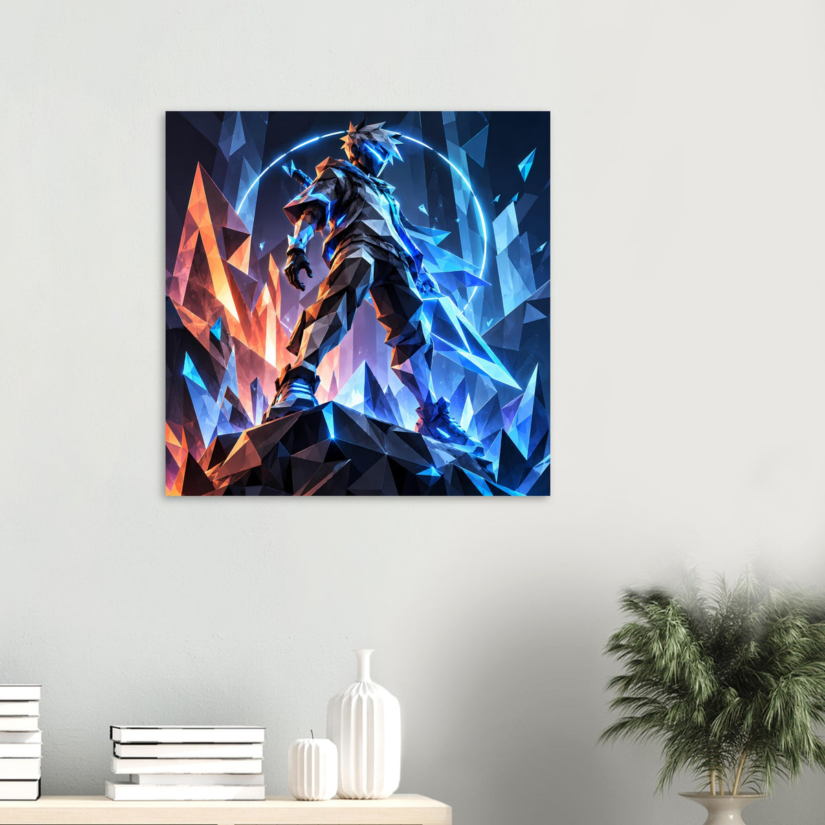 Premium-mattes Poster, kleines Format: Krieger mit blauem Leuchten, orange Akzenten und polygonalem Muster