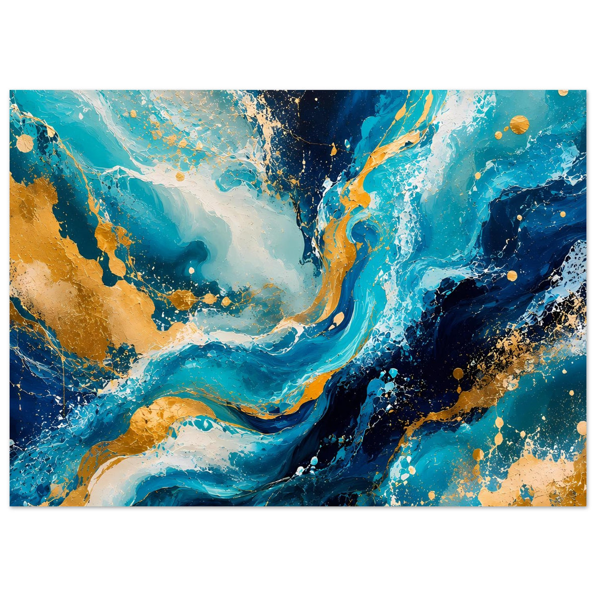 Horizontales Kunstposter: abstrakte Wellen in Blau, Türkis und Gold mit Spritzern