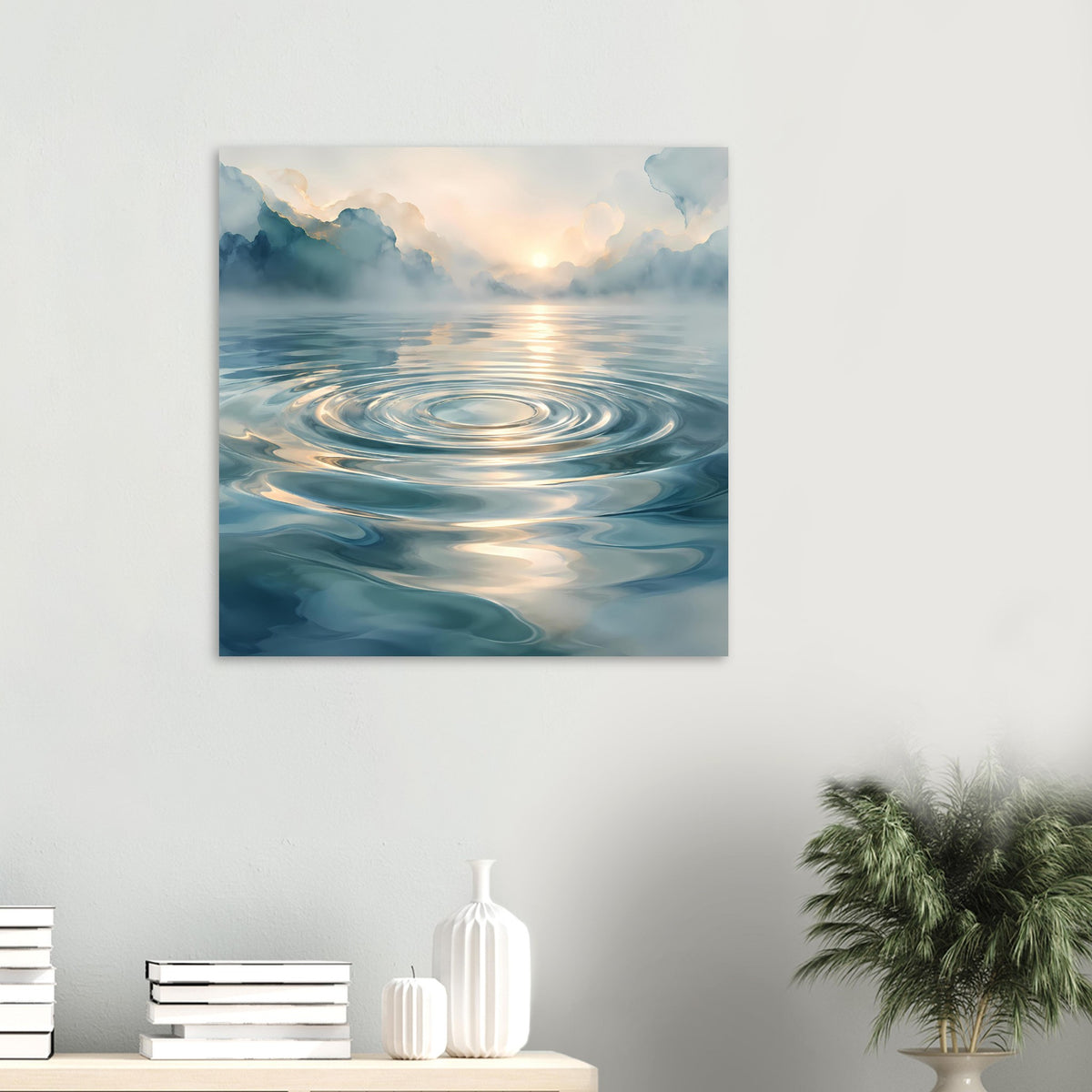 Wasserwellen-Poster im Quadrat: kreisförmige Wellenringe, warmes Sonnenlicht auf Wasser