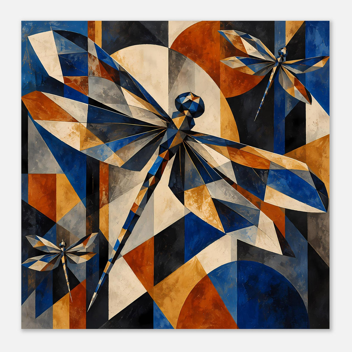 Kunstposter mit Libellen-Motiv aus geometrischen Formen, in Blau, Kupfer und Beige
