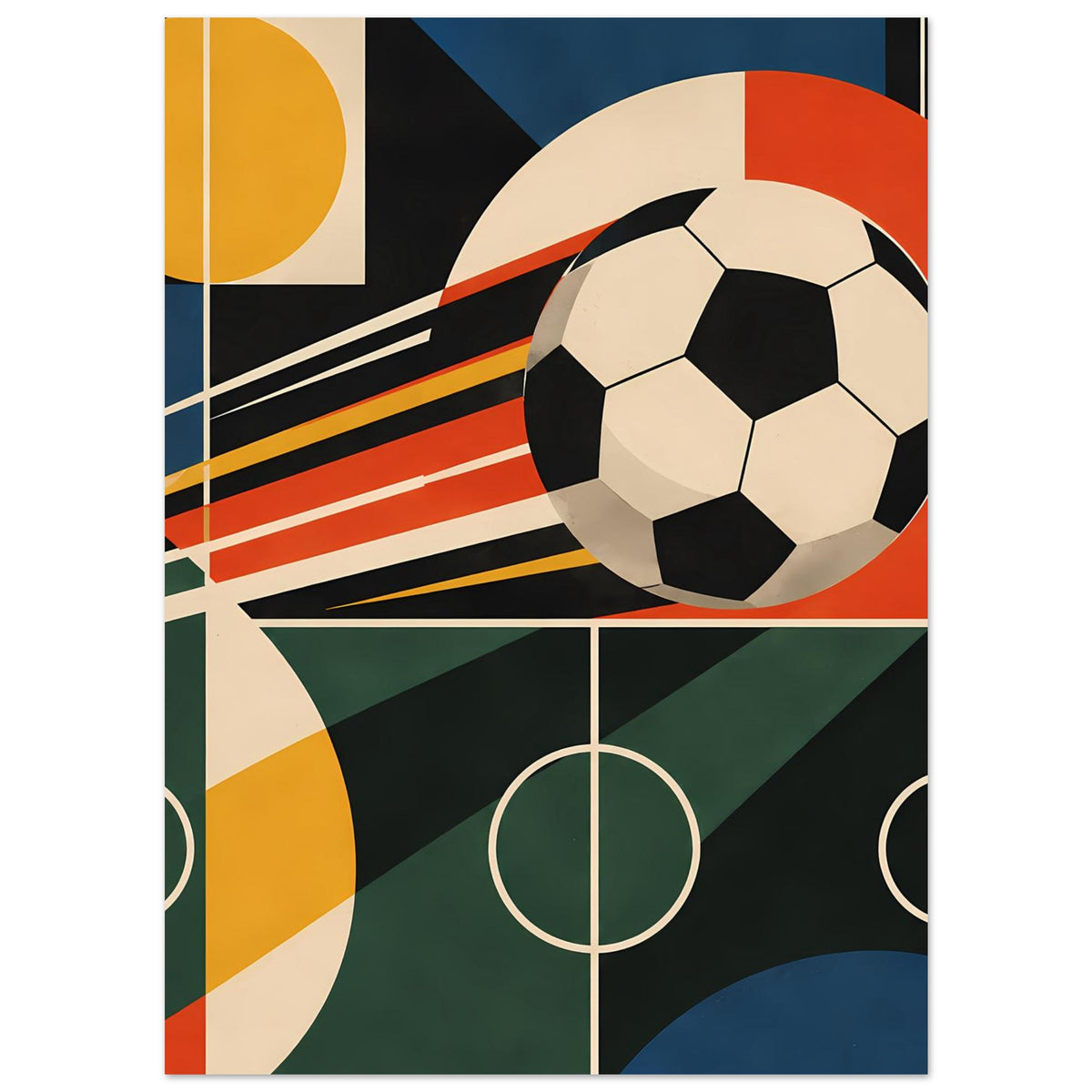 Abstraktes Sportposter mit Fußball im Vordergrund und geometrischem Streifenhintergrund
