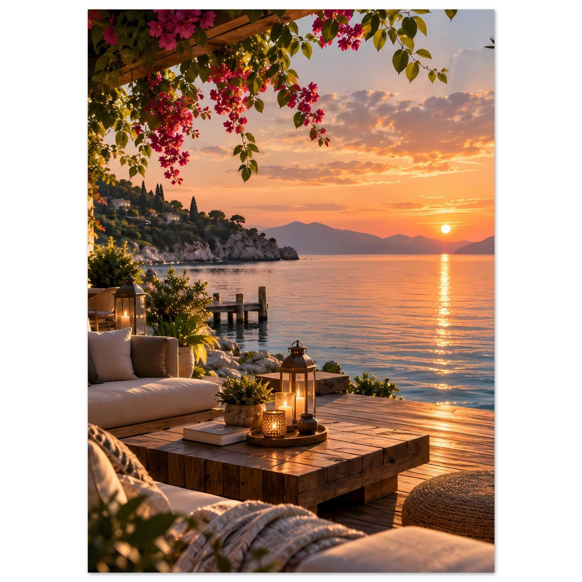 Vertikales Poster: Küstenterrasse mit Bougainvillea, Sofa, Holzbank, Laternen am ruhigen Meer