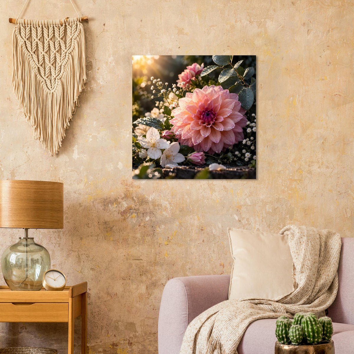 Blumenposter mit rosa Blüte und weißen Blüten, detaillierte Blätter im Nahmotiv
