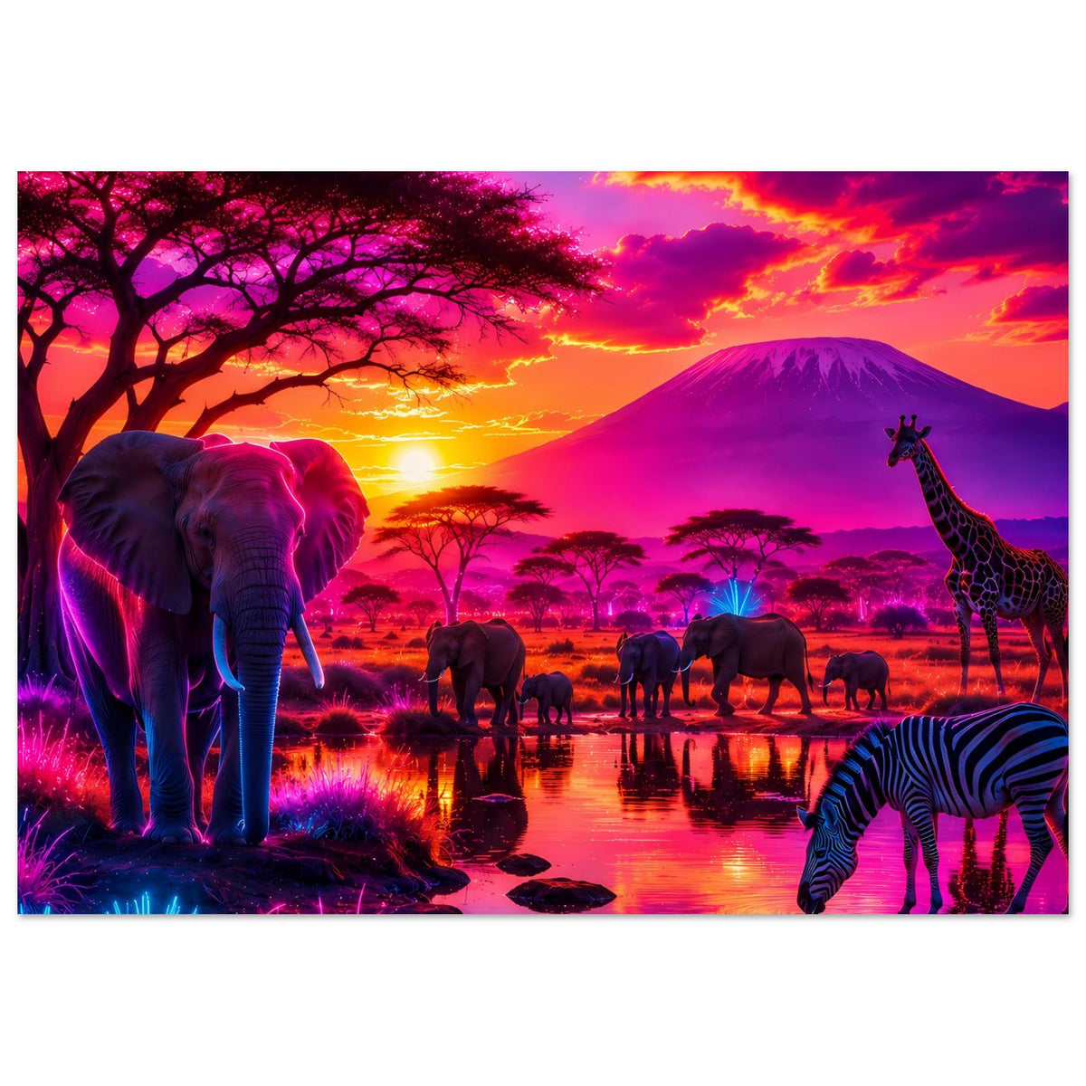Poster mit afrikanischer Tierwelt bei Sonnenuntergang: Elefanten links, Tierherde im Wasser, Zebra rechts.