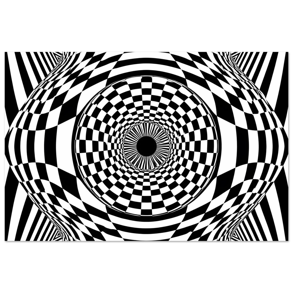 Rechteckiges Poster: schwarz-weiße Schachbrett-Illusion mit kreisförmigen Ringen