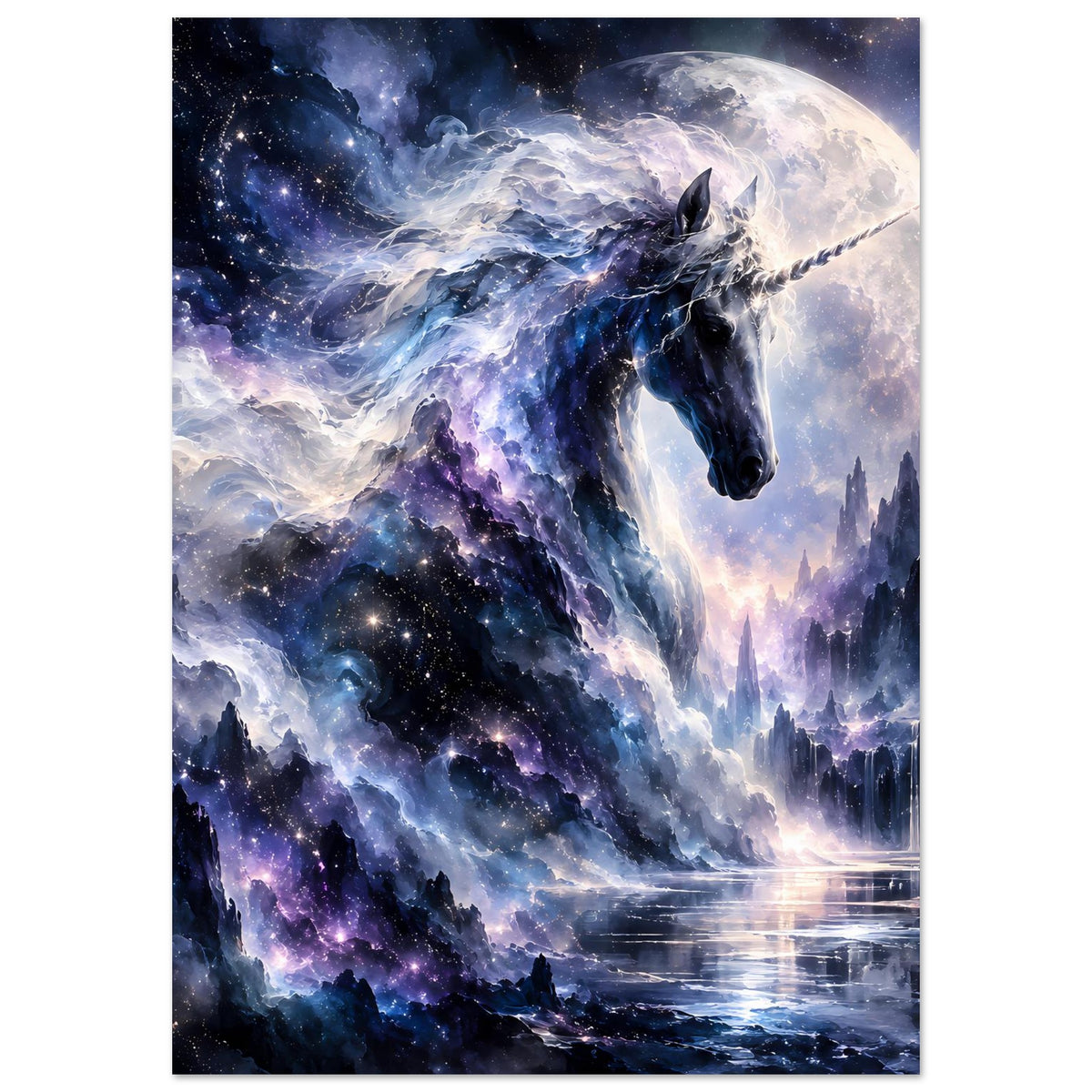 Vertikales Unicorn-Galaxieposter mit fliegendem Einhorn, Mond und Sternen