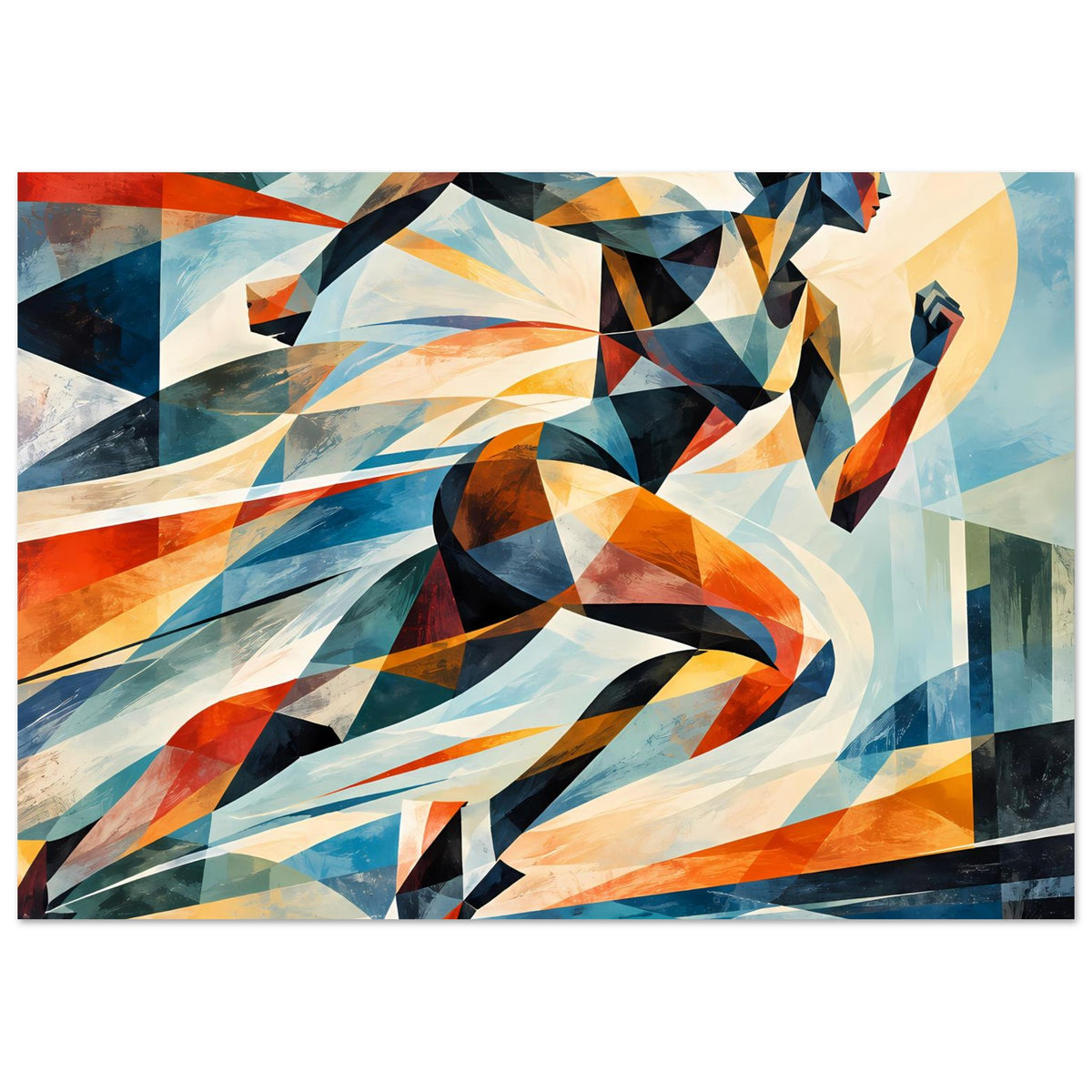 Poster mit abstrakter Läuferin, dynamische Formen in Blau, Orange und Dunkelbraun