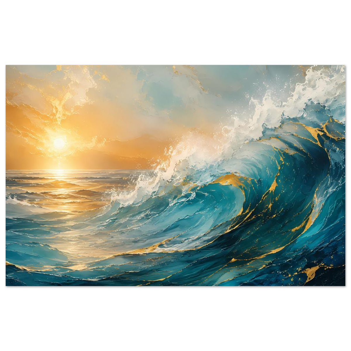 Breites Poster mit Ozeanwellen und Sonnenuntergang, türkis-blau, goldener Schimmer