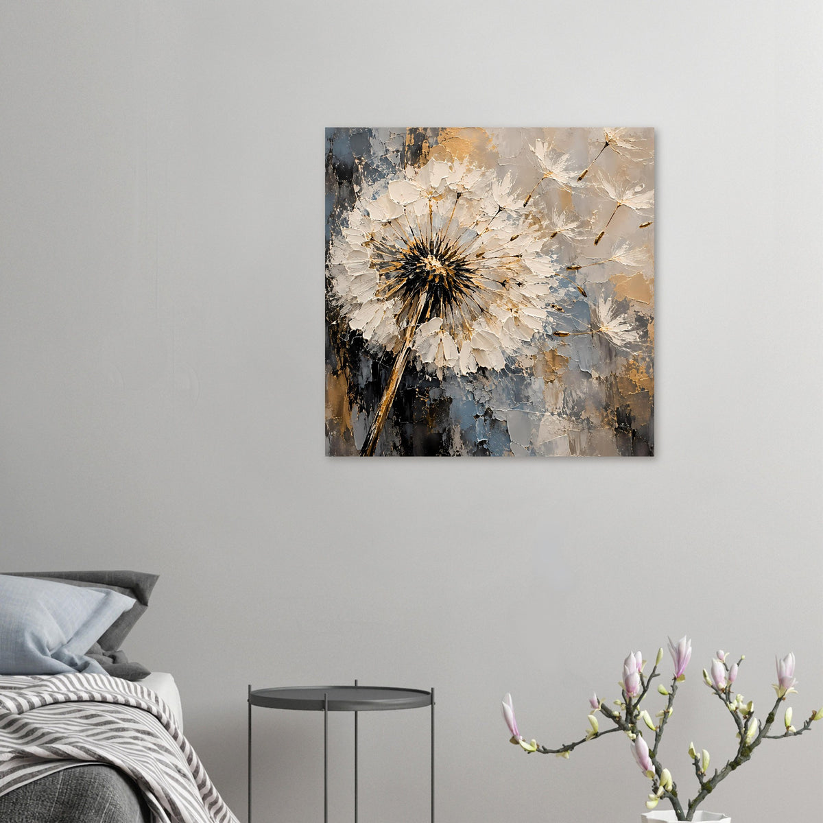 Kleines Deko-Poster mit Pusteblume, abstrakter Textur in Creme, Blau und Gold