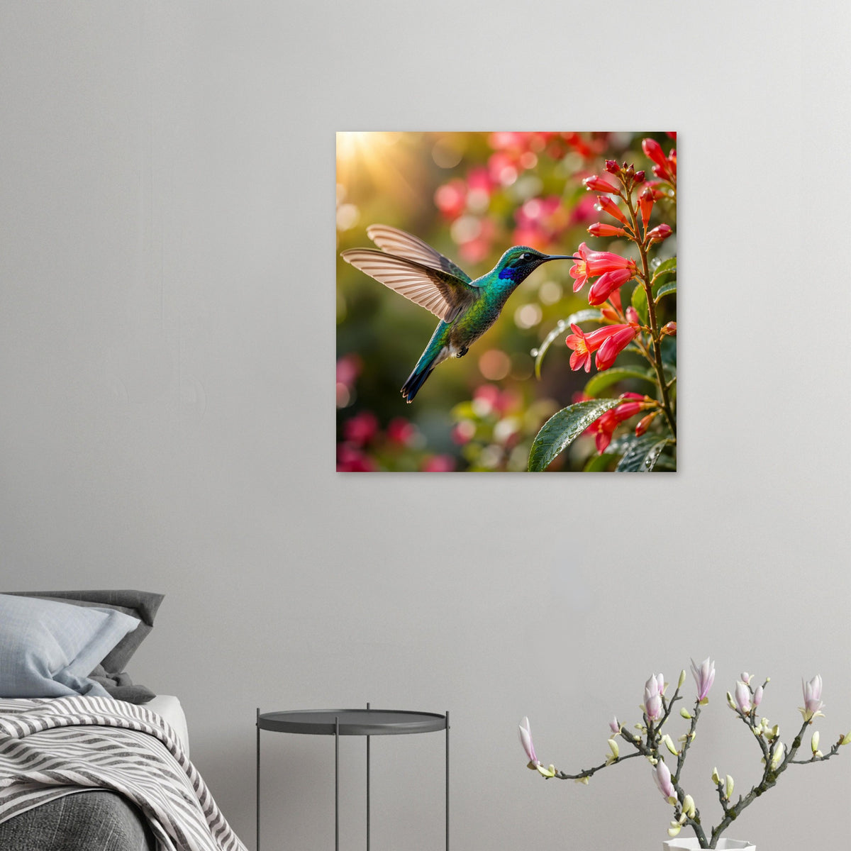 Kleines quadratisches Poster mit Kolibri in Türkis/Grün vor roten Blüten