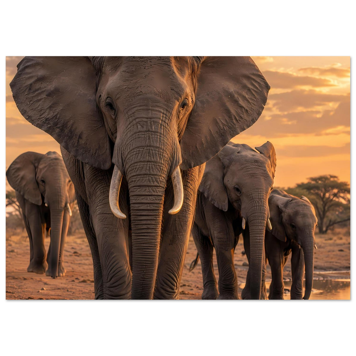 Poster mit Elefantenherde: Vordergrund-Elefant blickt nach vorn, mehrere Tiere folgen dahinter