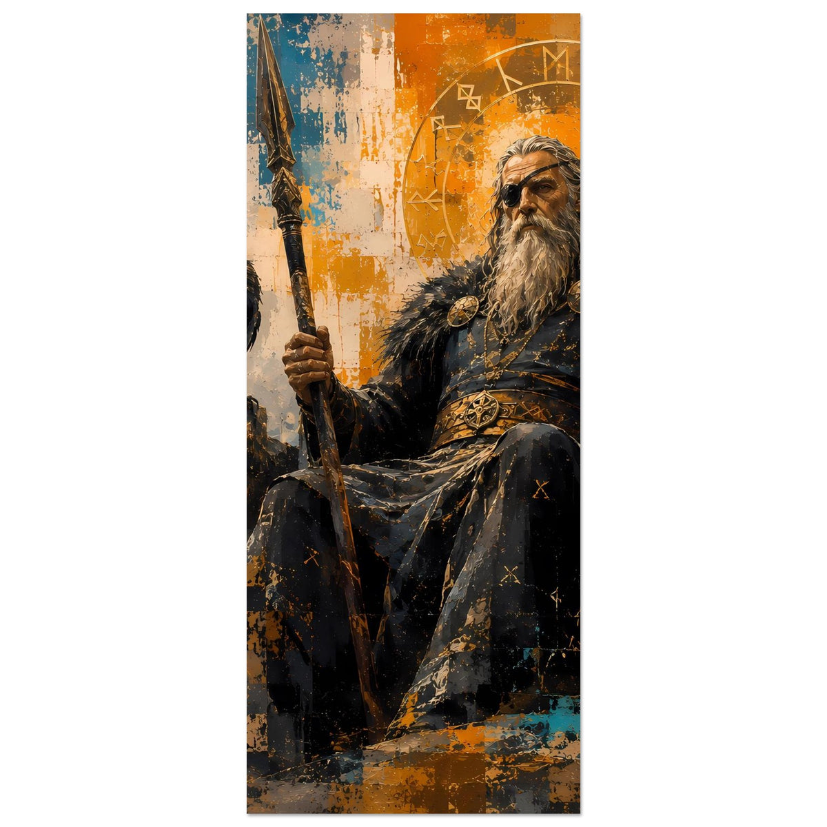 Vertikales Norse-Götterposter mit Odin und Speer sowie Rabe im Hintergrund
