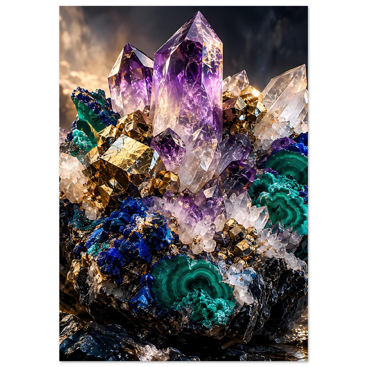 Kristallposter mit zentralem lila Kristall und funkelnden gold-weißen Mineralen in blau-grün