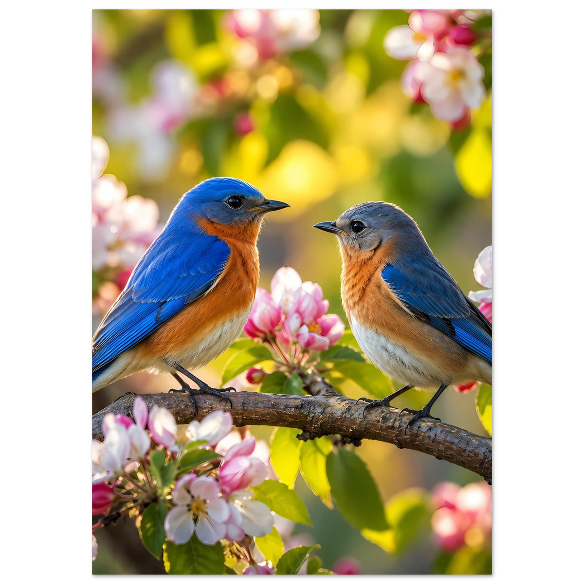 Vertikales Poster: zwei Blaumeisen auf Ast, umgeben von rosafarbenen Blüten