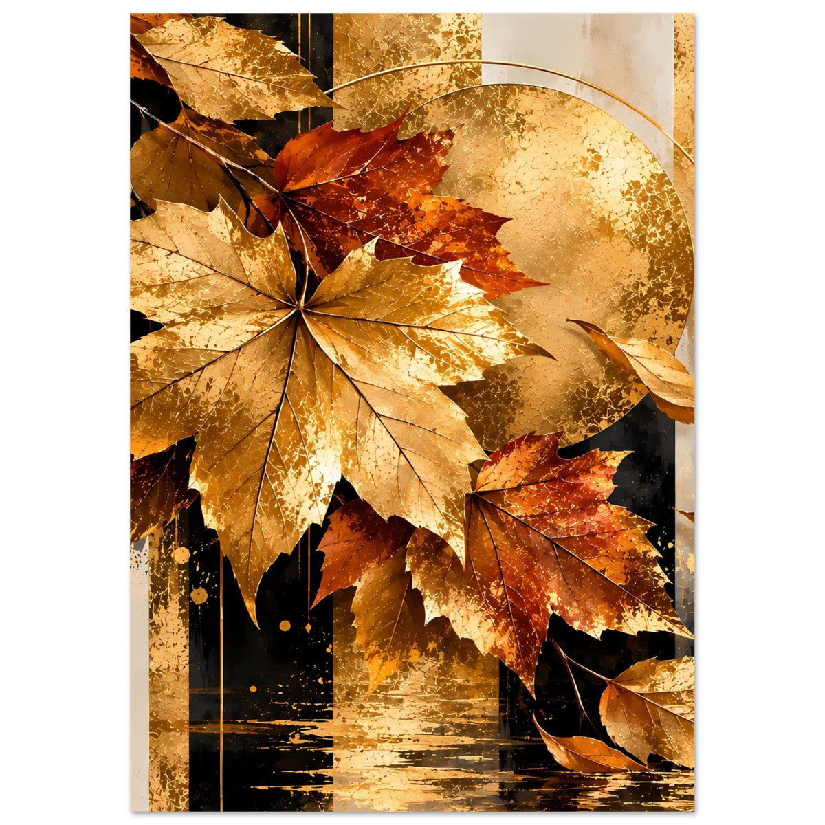 Herbstposter mit goldenen Ahornblättern und Kreis-Sonne über dunklem Weg