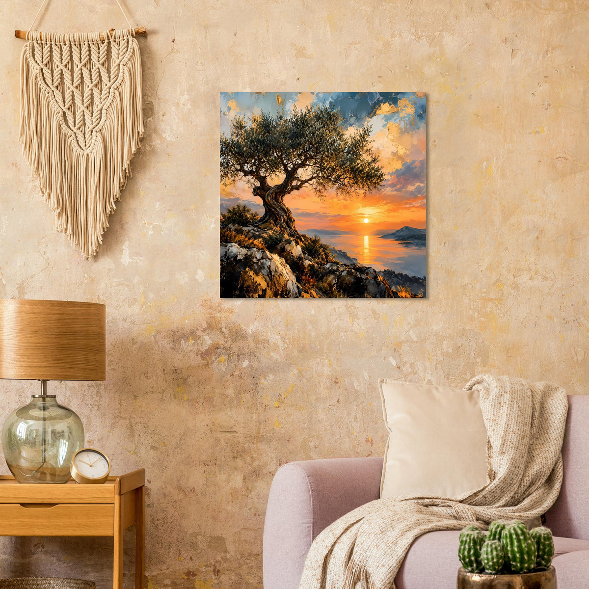 Wandposter mit Olivenbaum vor warmem Sonnenuntergang, quadratisches Motiv