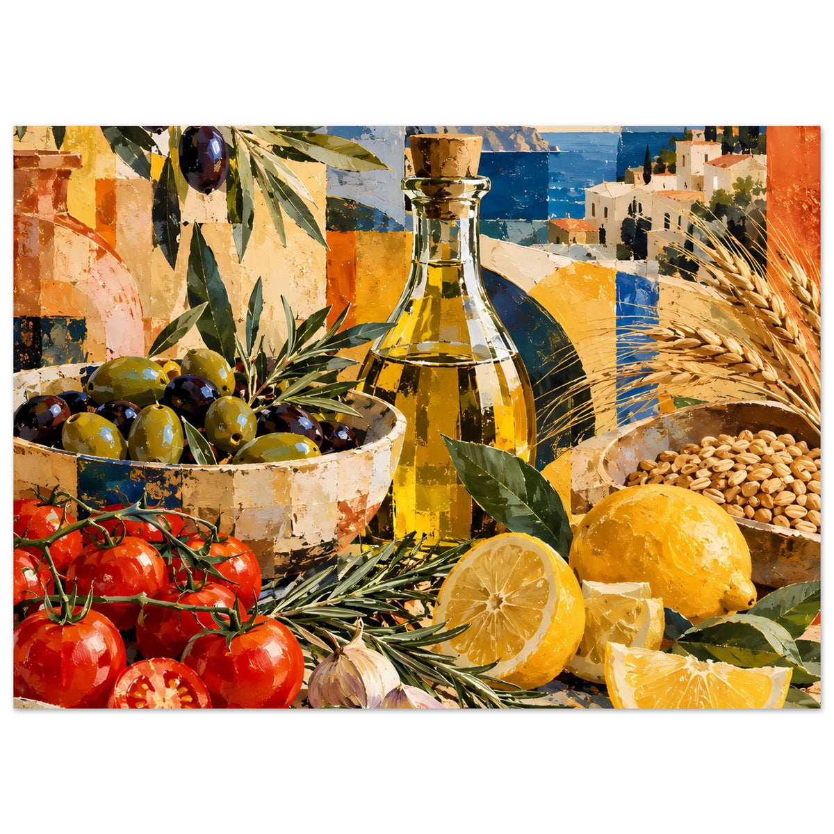 Wandposter Stillleben mit Ölflasche, Oliven, Tomaten, Zitronen, Weizenähren und Oliven