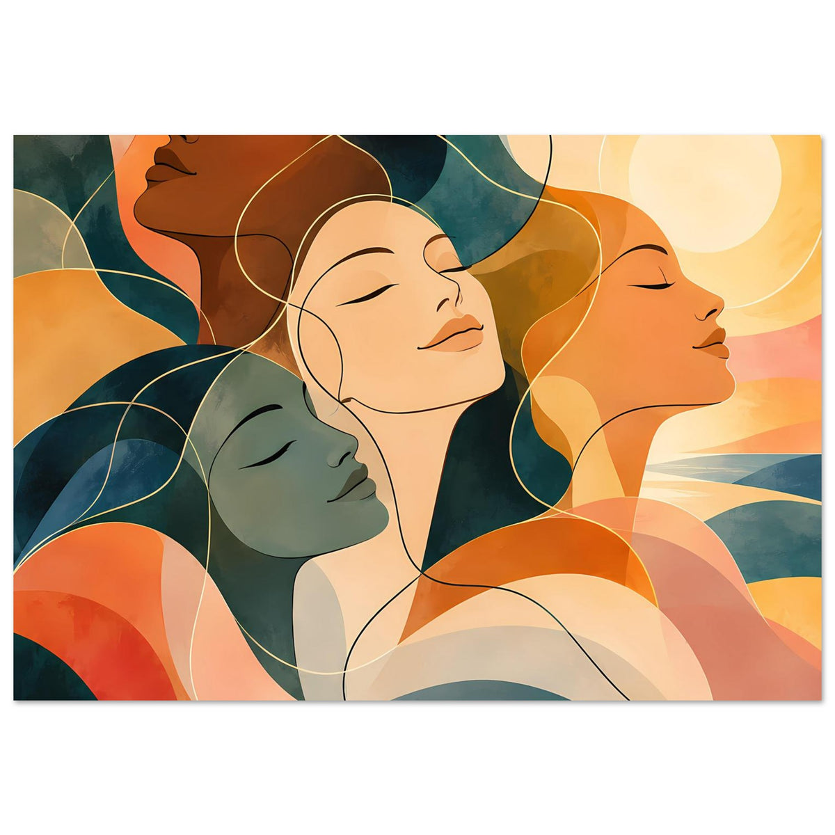 Kunstposter: vier Frauen in warmen Orange- und Blautönen, verschränkte Linien im Gesicht