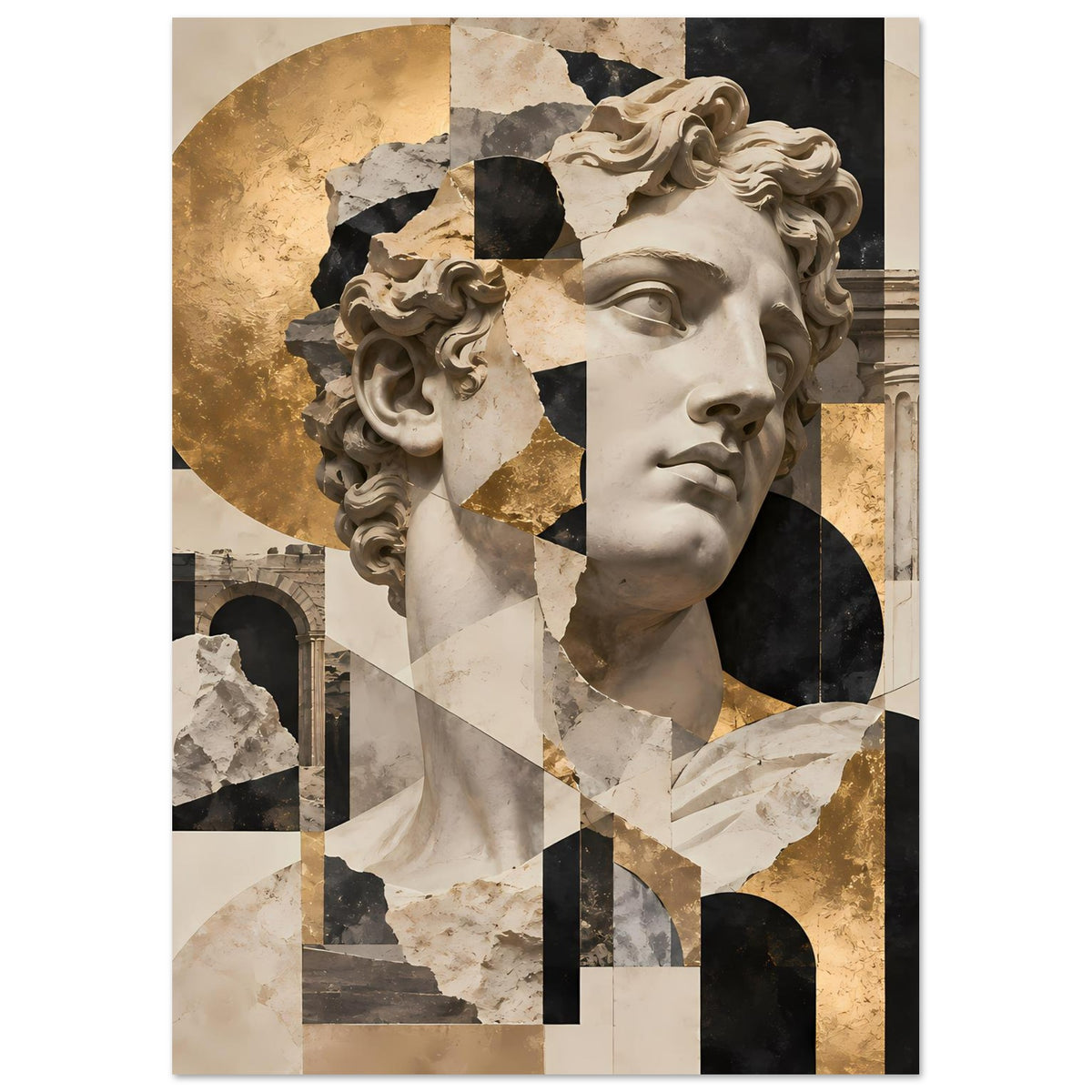 Kunstposter mit antikem Statuenporträt, goldfarbene Akzente und geometrische Collage-Elemente