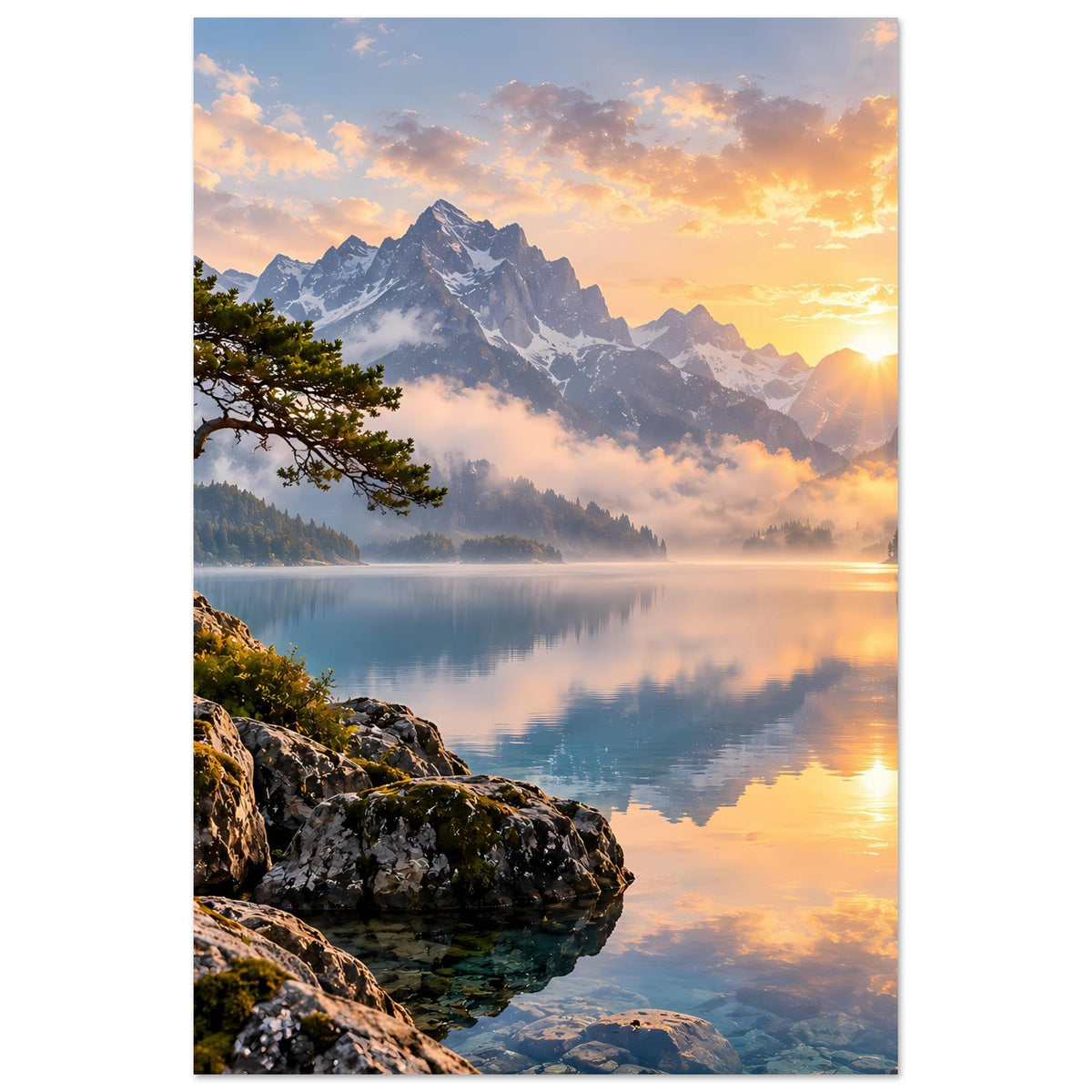 Wandposter mit Sonnenaufgang über Bergkette und ruhigem See, Baum am Felsen