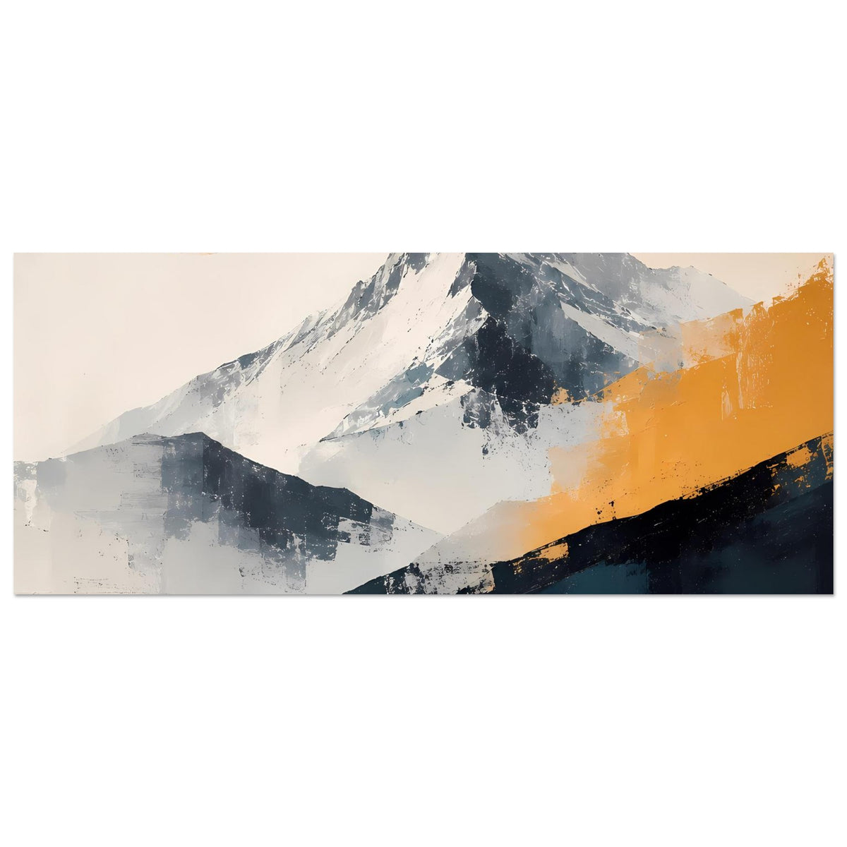 Berglandschaftsposter im Panorama, abstrakte Berge und Orange-Akzente, dunkle Diagonale