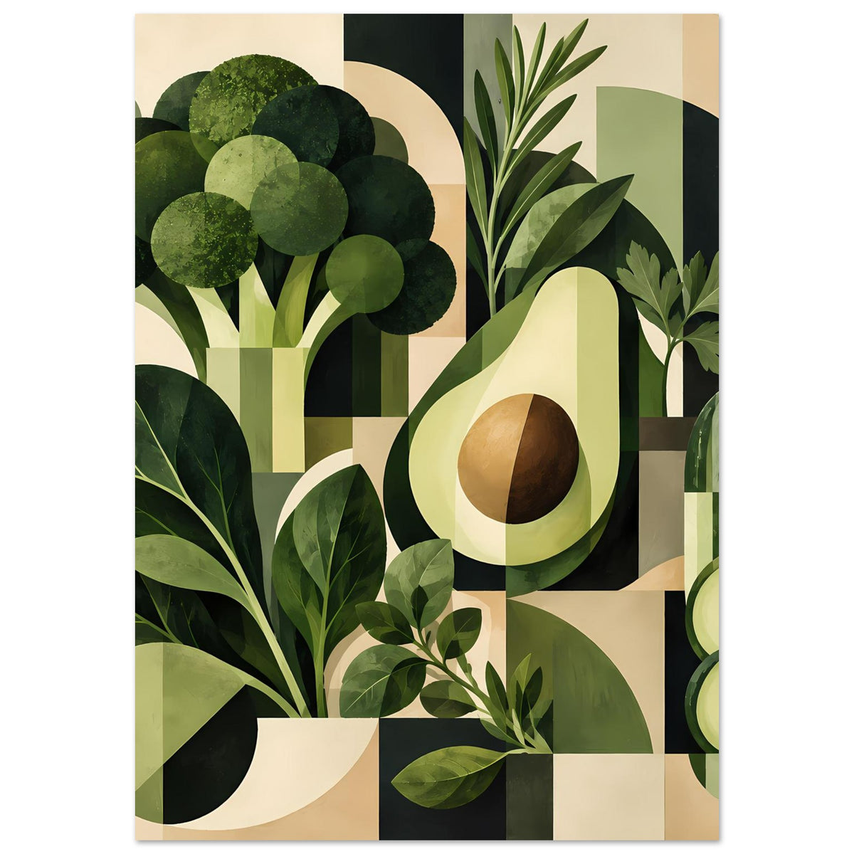 Geometrisches Poster mit grünen Pflanzen und Avocado-Motiv, stilisierte Blätter (hochformat).