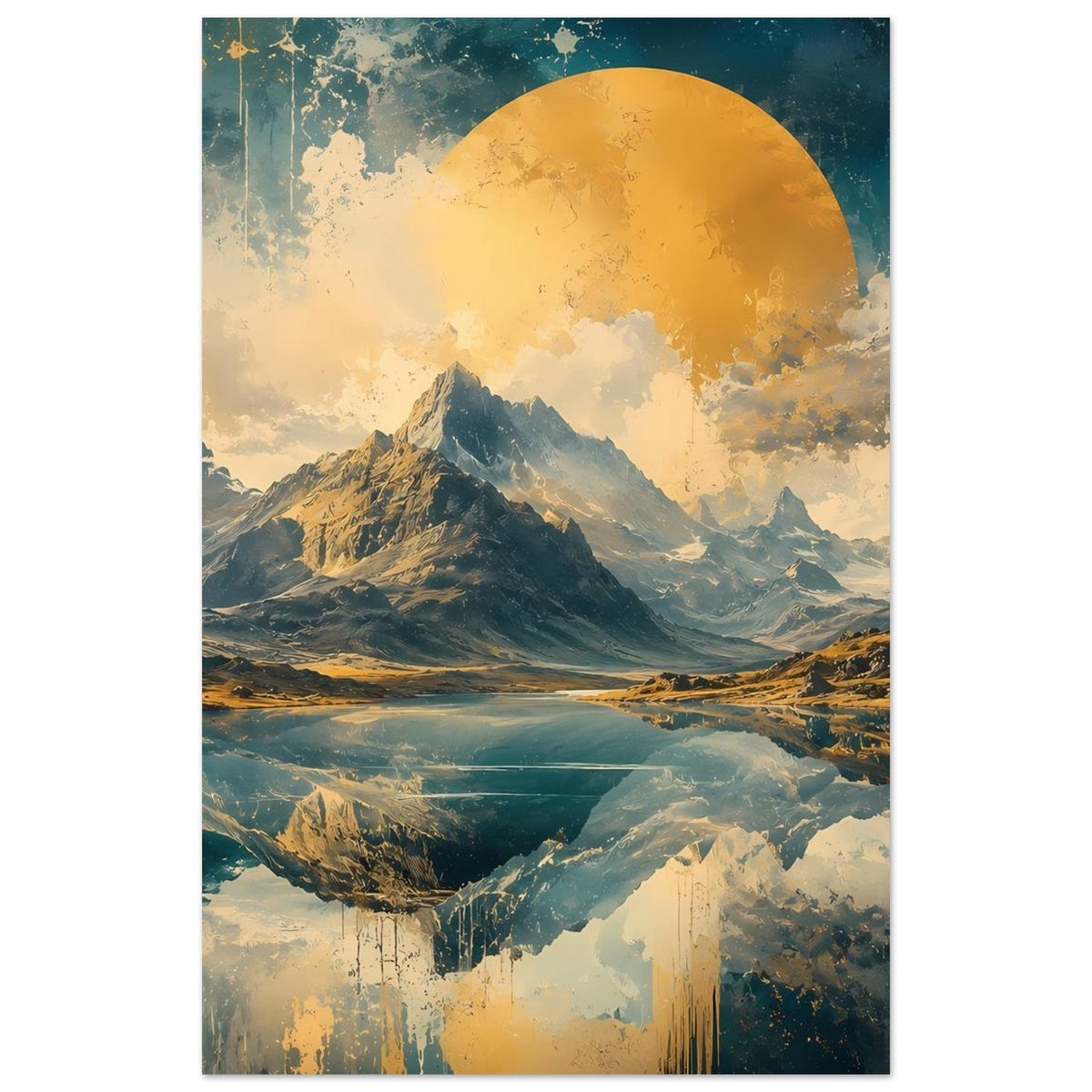 Poster (Hochformat) mit Bergkette, Spiegelung im Tal und Blau-Gold-Farbverlauf, goldener Halbkreis