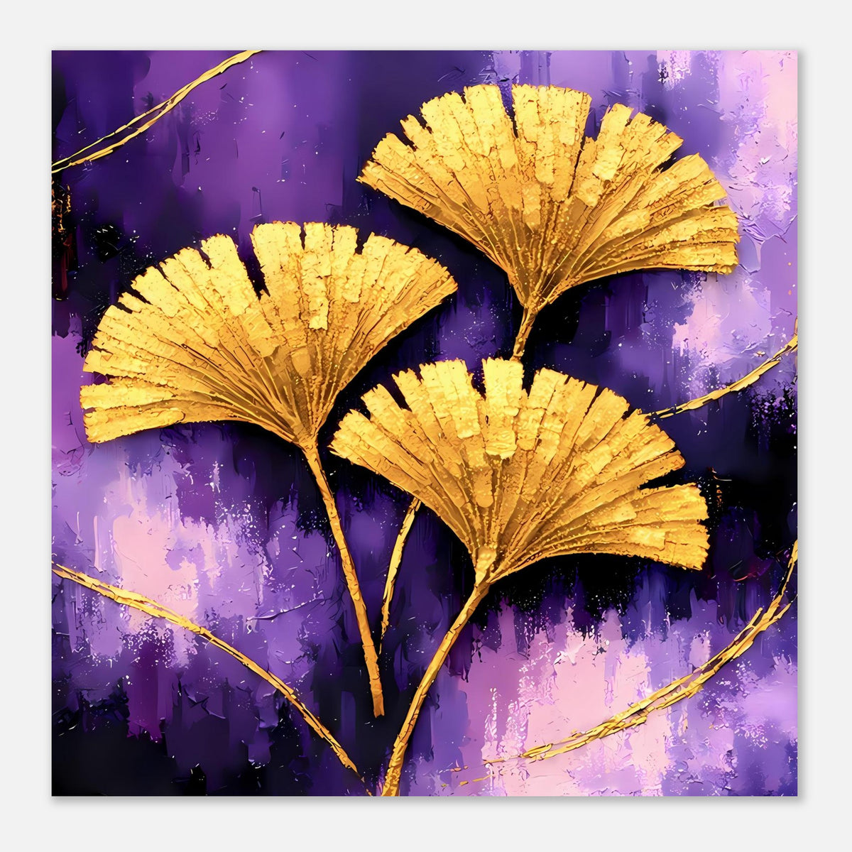 Posterprint mit drei goldenen Ginkgo-Blättern im violetten Farbverlauf