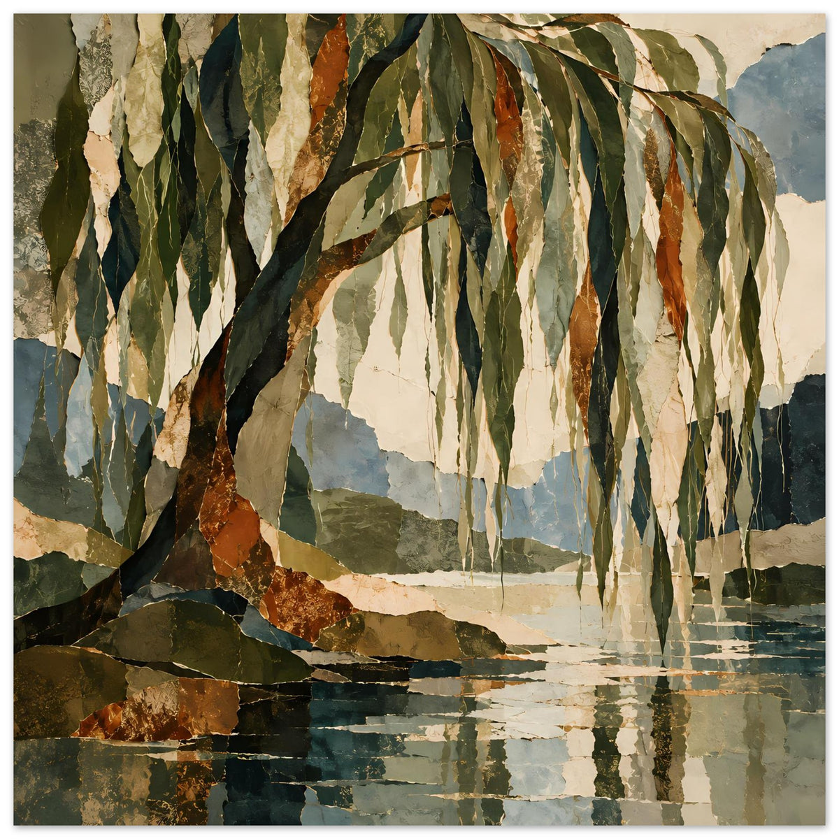 Querformat-Poster mit Baumstamm, hängenden Blättern und spiegelndem Wasser in Grün-, Blau- und Orangetönen