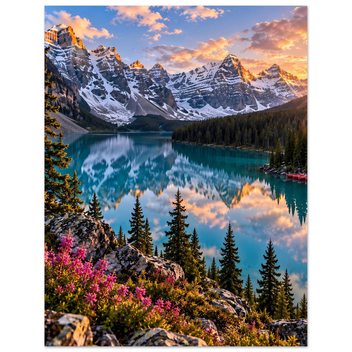 Bergsee-Poster im Hochformat: türkisblauer See mit Spiegelbild, Berge, Tannen und Blüten am Rand