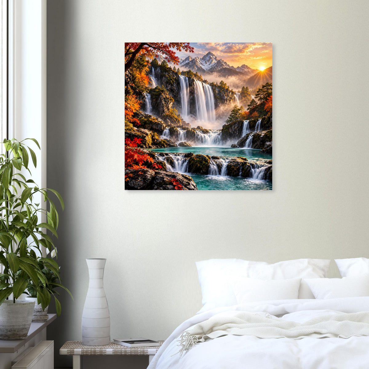 Quadratisches Poster mit Wasserfällen im Gebirge, Herbstfarben und tiefstehender Sonne
