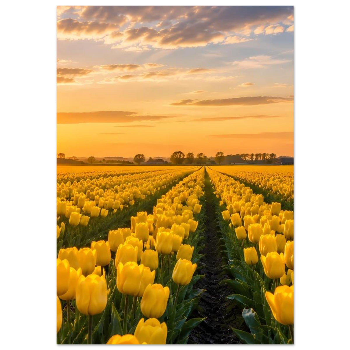 Poster: gelbe Tulpen im Feld, zentraler Pfad, Horizont im goldenen Abendlicht