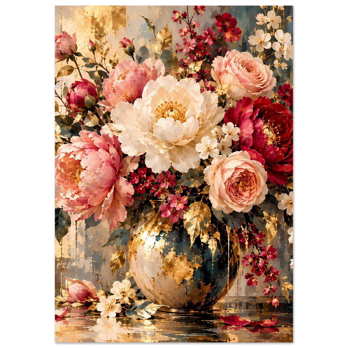 Blumenposter im Hochformat mit Pfingstrosen, kleinen Blüten und Vase im Gold-Look