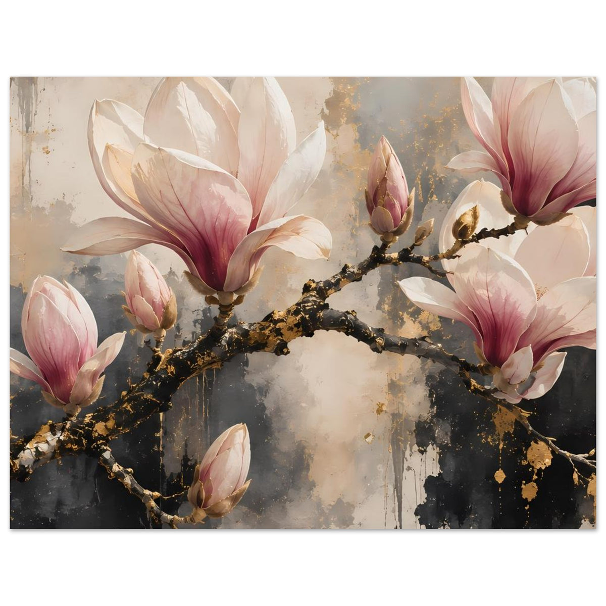 Breites Magnolienblüten-Poster mit goldfarbenen Akzenten, rosa-weißen Blüten und Spritz-Optik.