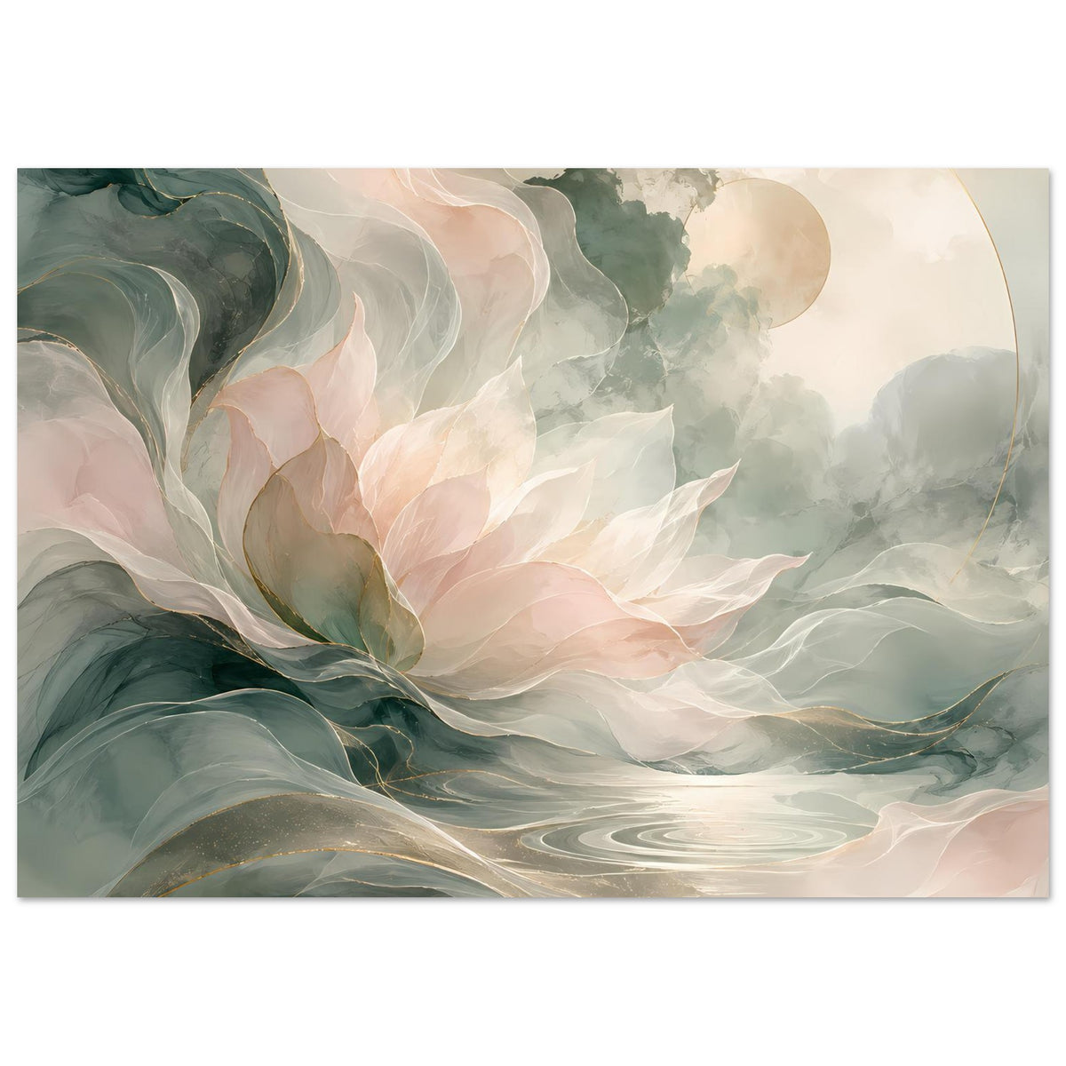 Abstraktes Blumenposter mit pastellfarbenen Blüten und grünen Wellen, horizontal