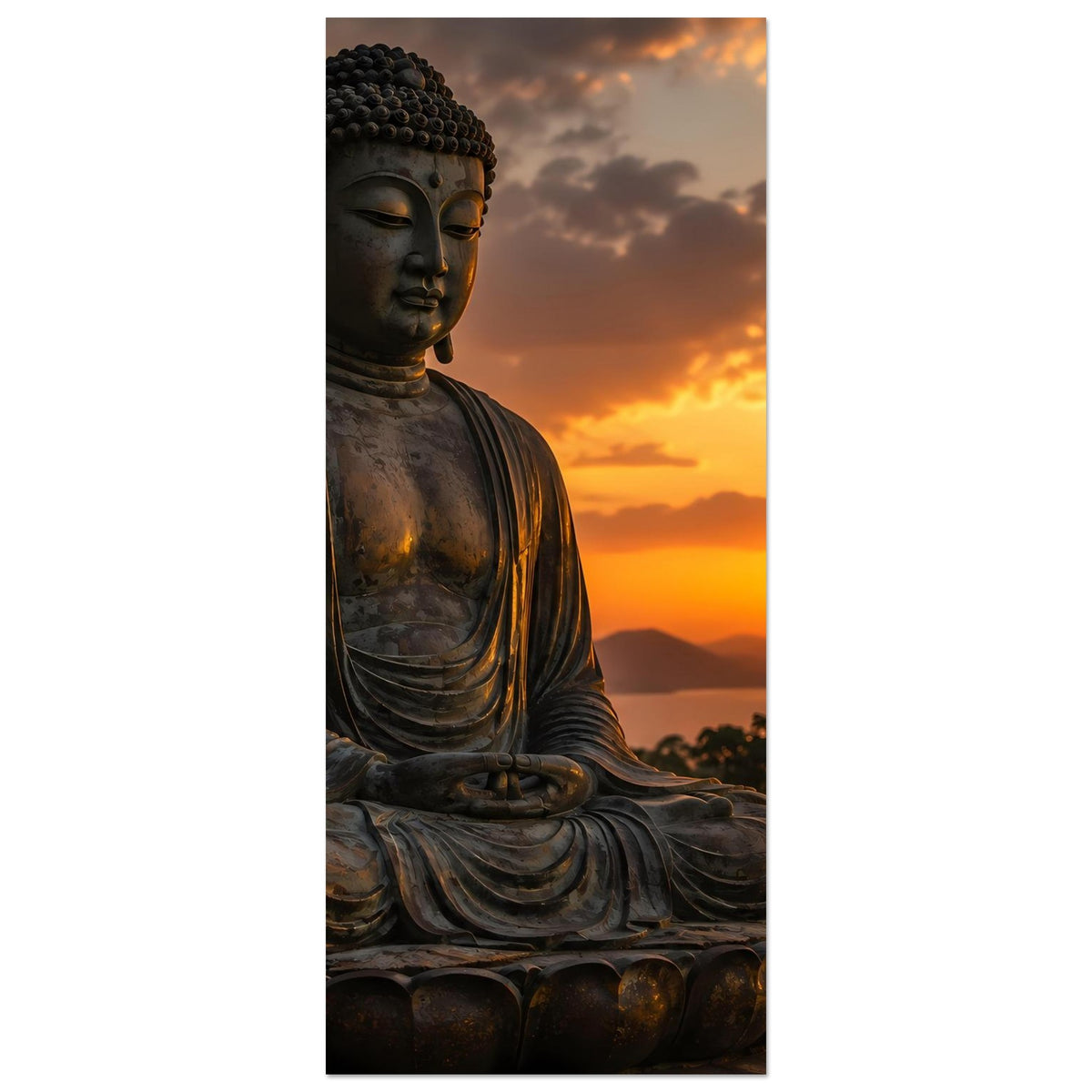Poster im Hochformat: Buddha-Kopf und Oberkörper in Meditationshaltung, dunkelgraue Statue