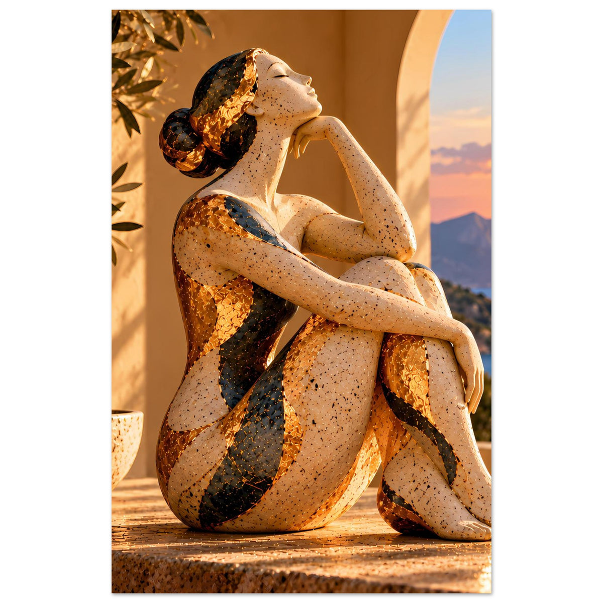 Poster im Hochformat mit sitzender Bronzefigur, Fokus auf Oberkörper und abstraktes Muster