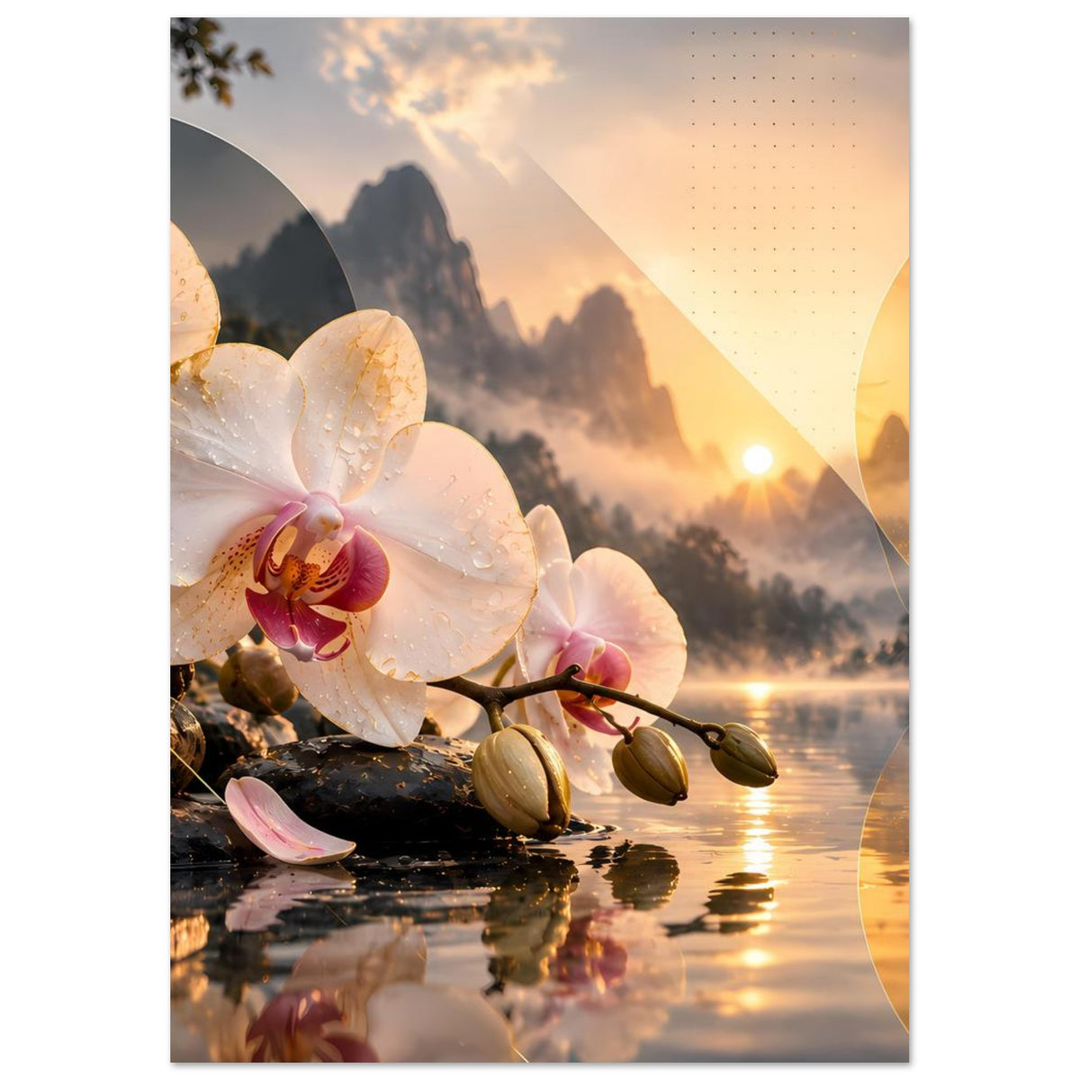 Vertikales Blumenposter mit Orchideenstiel, knospenden Blüten und warmem Sonnenlicht über Wasser