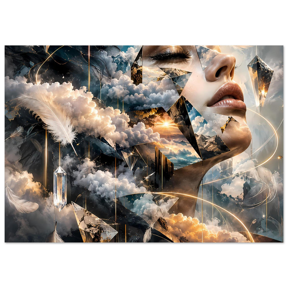 Surrealistisches Poster (Querformat) mit Frauenprofil, Wolken, Kristalllaterne und goldenen Lichtschleifen