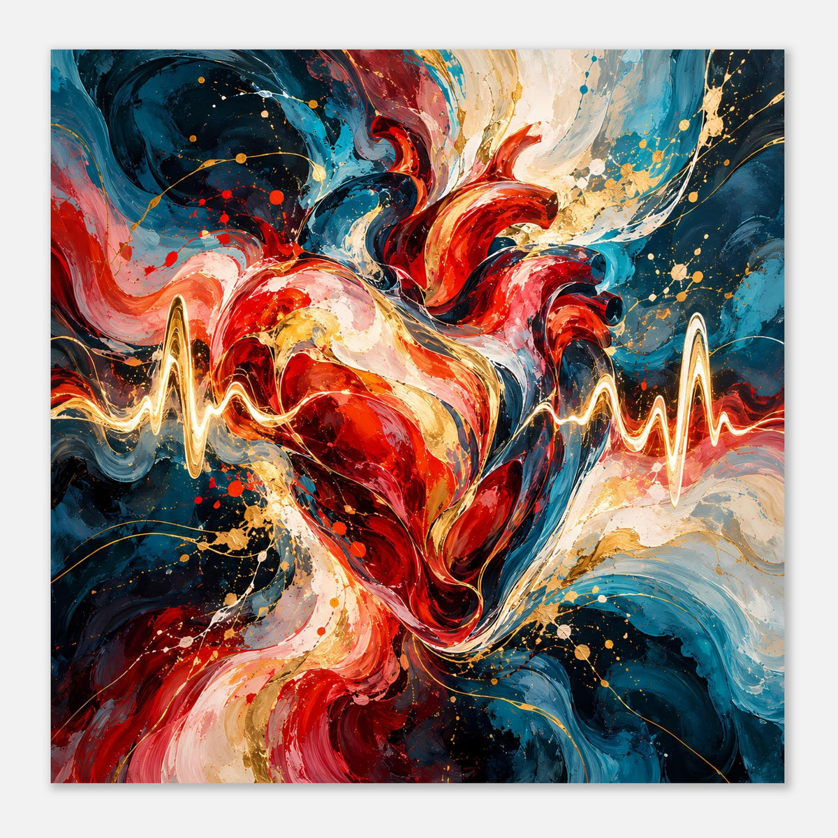 Quadratisches Poster: abstraktes Herz mit Herzschlaglinie in Rot, Blau und Gold